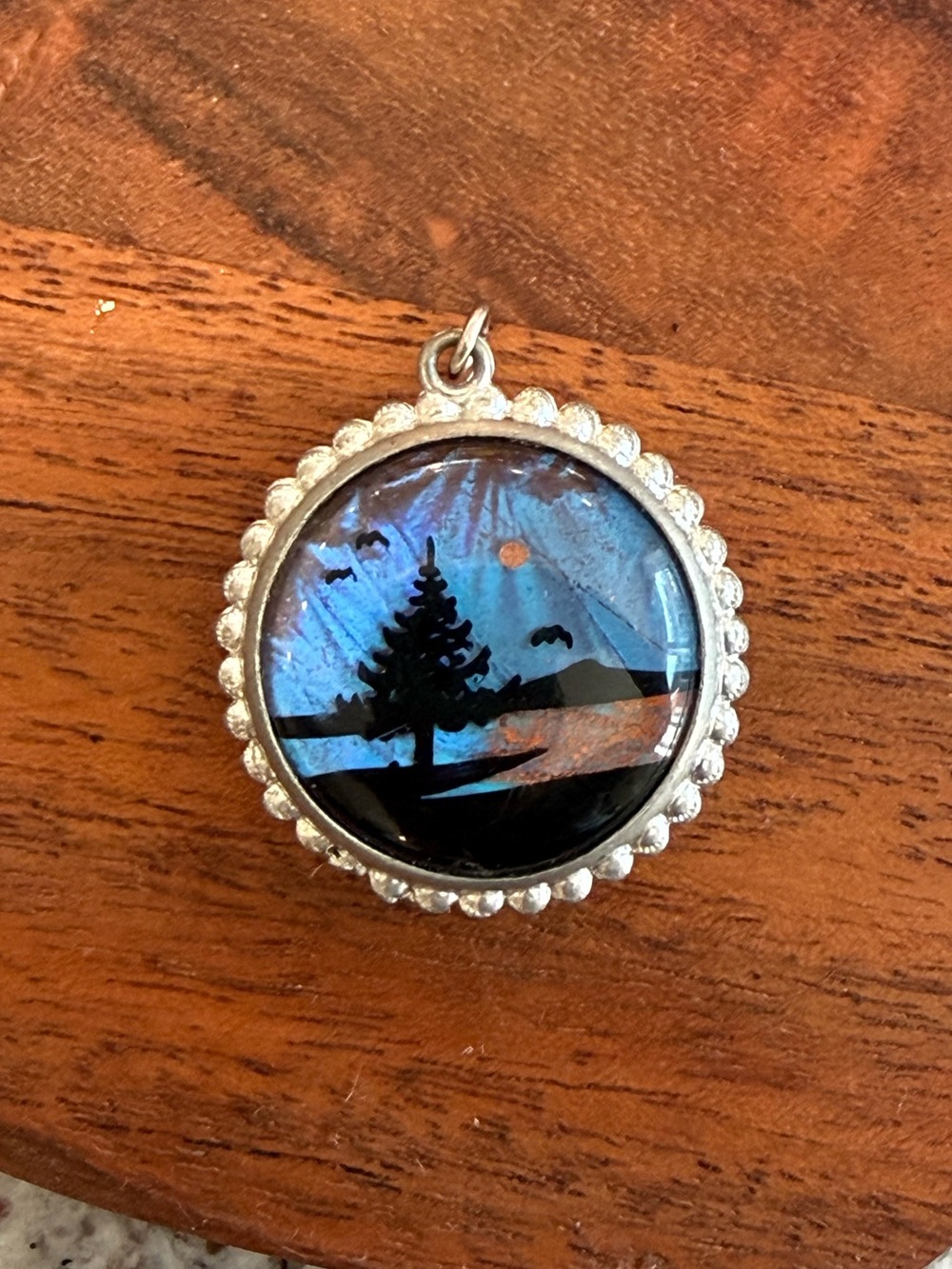 Vintage blue morpho butterfly wing reversible pendant desert scene/ lake scene